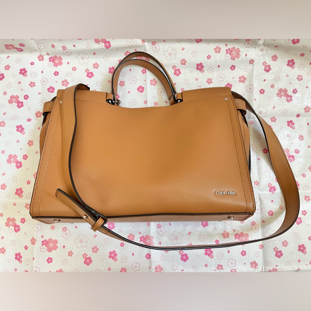 Calvin Klein Tan Leather Satchel Bag with Shoulder Strap